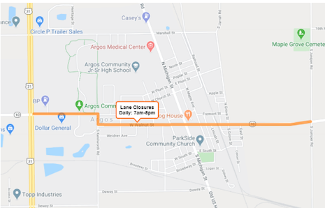 Lane closures scheduled for S.R. 10 in Argos